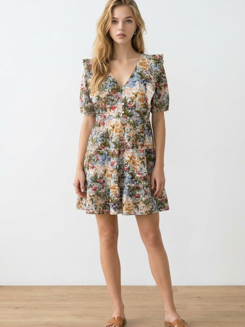 entro Floral V-Neck Tiered Mini Dress - Green Multi